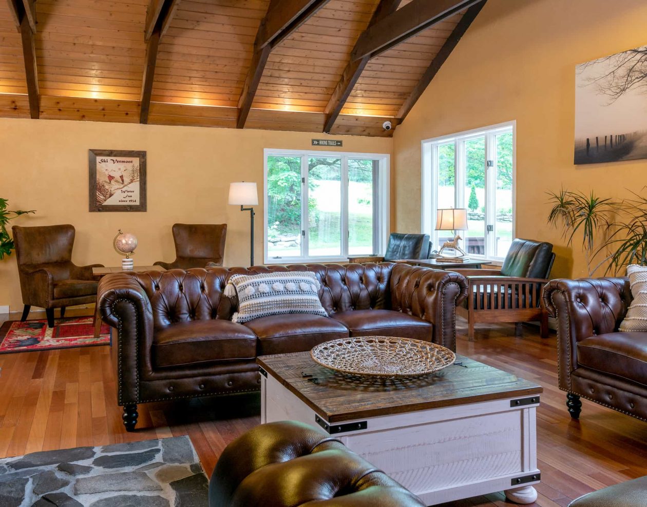 Leather seating in lodge living room in Vermont