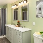 Double vanity sink in private bathroom in Vermont lodge apartment