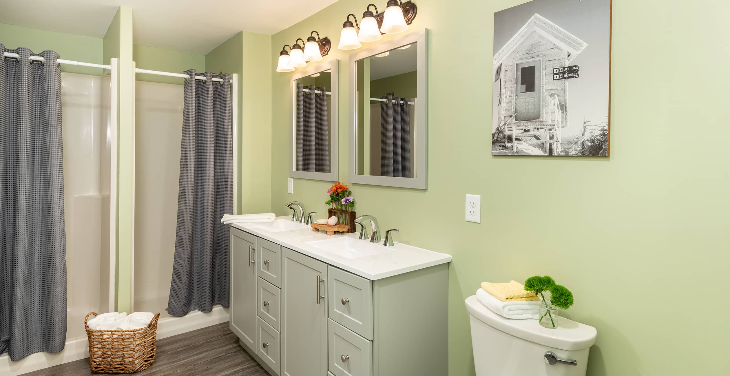 Double vanity sink in private bathroom in Vermont lodge apartment